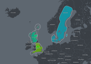 Map of 3 ethnicity regions from ancestry. UK and Scandinavia
