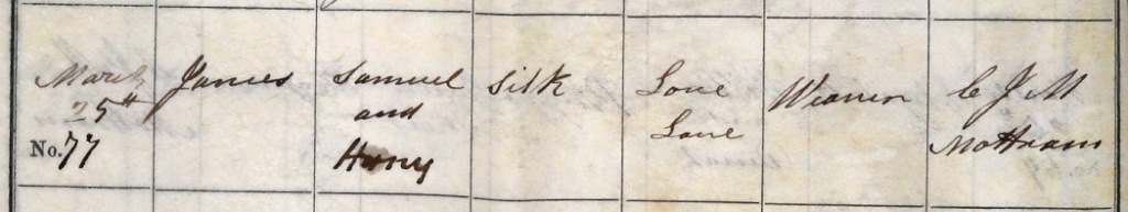 James Silk Baptism March 25 1852 to Samuel and Mary