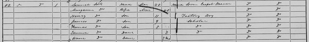 1861 Census at Churchfields Silk family of Samuel, Mary Ann, Henry, James, Thomas, Emma, Anne