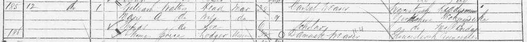 1871 Census Liversedge at Cooks Buildings, Mill Bridge with Walters family page 1