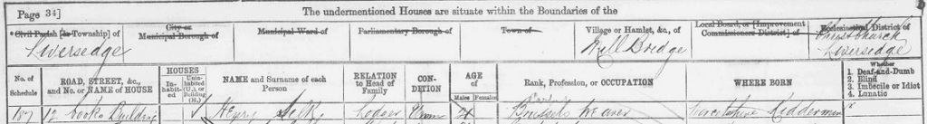 1871 Census Liversedge Henry Silk at Cooks Buildings, Mill Bridge with Walters family page 2