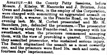 Assault - County Petty Sessions report on Henry Silk and Harriet Thomas - Worcester Journal Saturday 20 March 1875