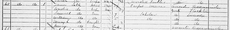 1881 Census James Silk with family Amelia, Samuel, William, Mary L and Harry at Dudley Street Court