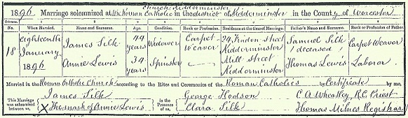 Marriage Certificate between James Silk and Annie Lewis on 18 January 1896