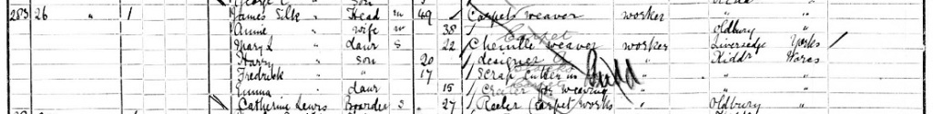 1901 Census 26 Franchise Street James Silk living with Annie, Mary L, Harry, Frederick and Emma