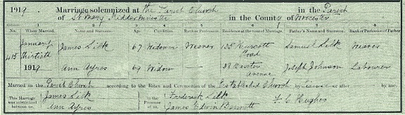 Marriage certificate between James Silk and Ann Ayres (nee Johnson) on 30 January 1919