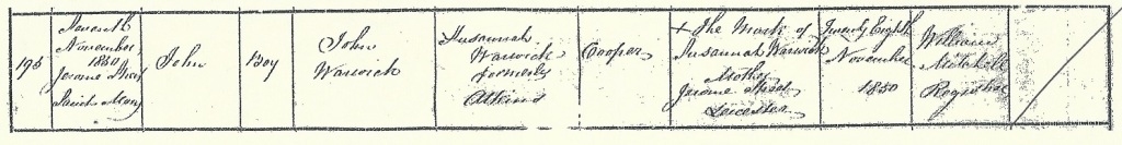 Nov 1850 John Warwick birth certificate to parents John Warwick and Susannah Atkins