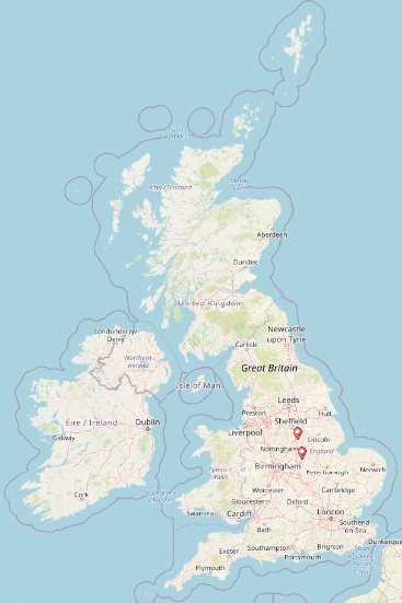 Map of England between 1680 and 1699 showing 2 sets of 7th great grandparents in Nottinghamshire and Leicestershire