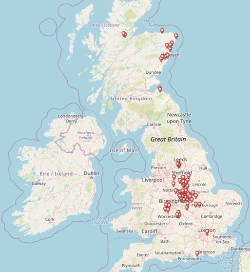 Map of England and Scotland between 1800 to 1829 showing increase of locations in Midlands and Aberdeenshire