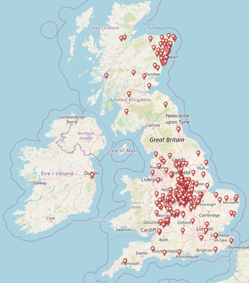 Map of England and Scotland between 1830 to 1859 showing increase of locations in Aberdeenshire, Scotland and even greater spread across the Midlands and other parts of England