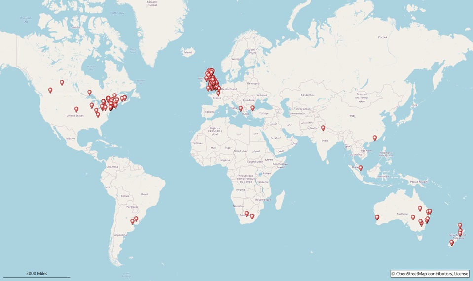 Map of the world showing more immigration occurring to Australia, New Zealand, America and Canada between 1890 and 1919. It also includes locations for those who travelled for work