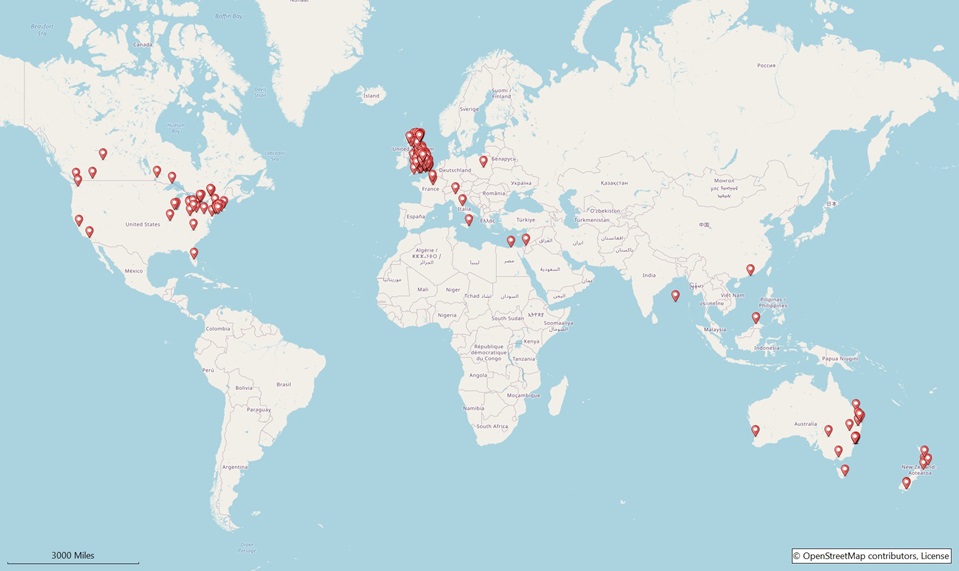 Map of the world between 1920 and 1949 showing immigration continuing but also includes ancestors caught up with World War 2